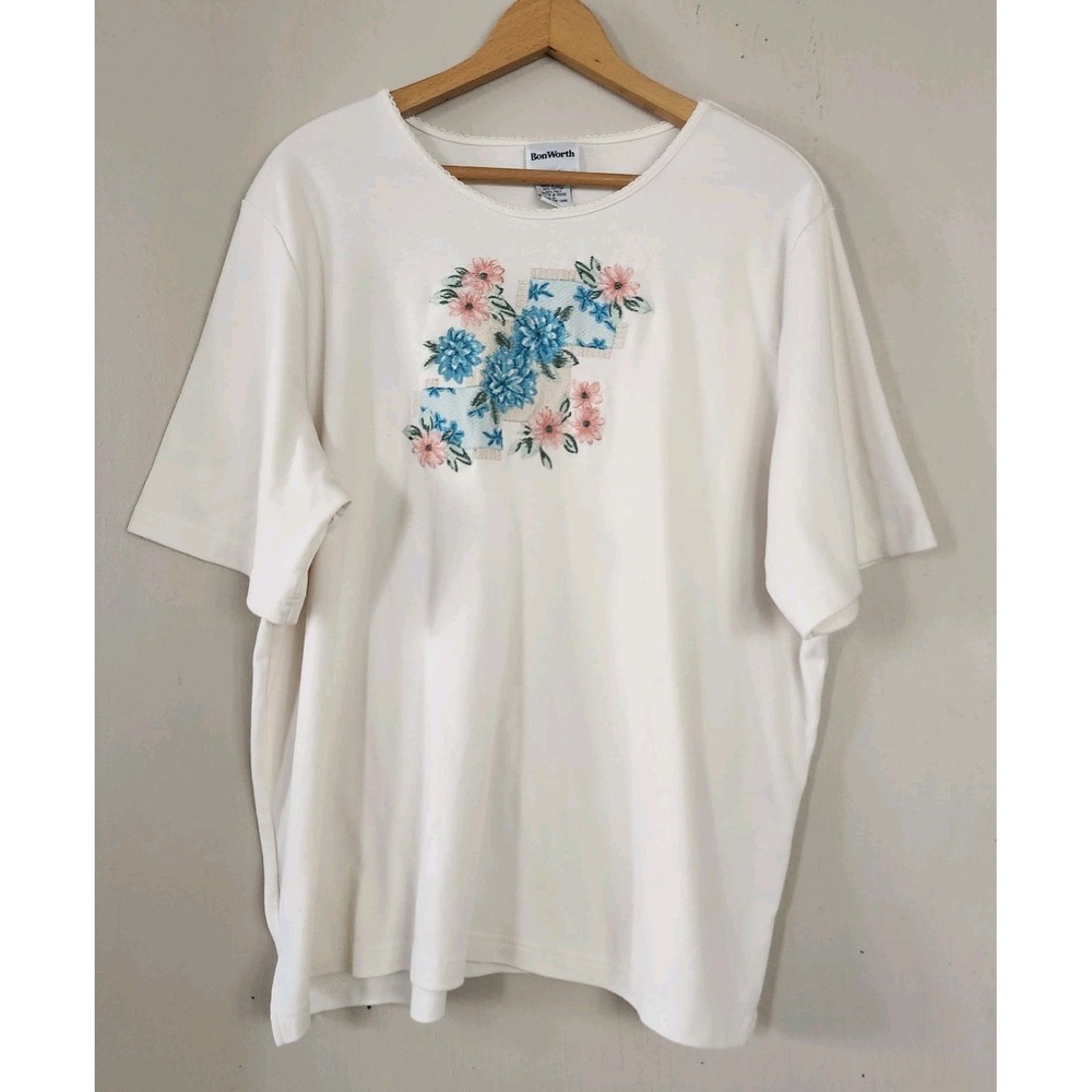 Vtg BonWorth Womens XL Floral Embroidered Shirt Off White Top Grandmacore